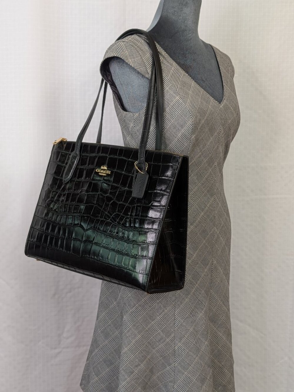 Coach Nina Tote Black Croc Embossed Leather Triple Compartment Bag CL654